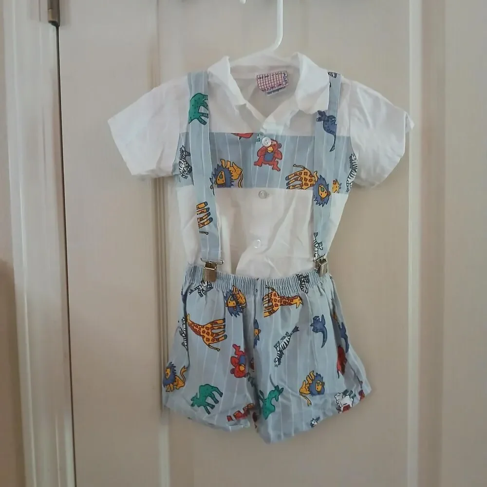 VTG 90s 100% Cotton All Over Print Zoo Animals 3 Piece Set Suspenders 12m Retro